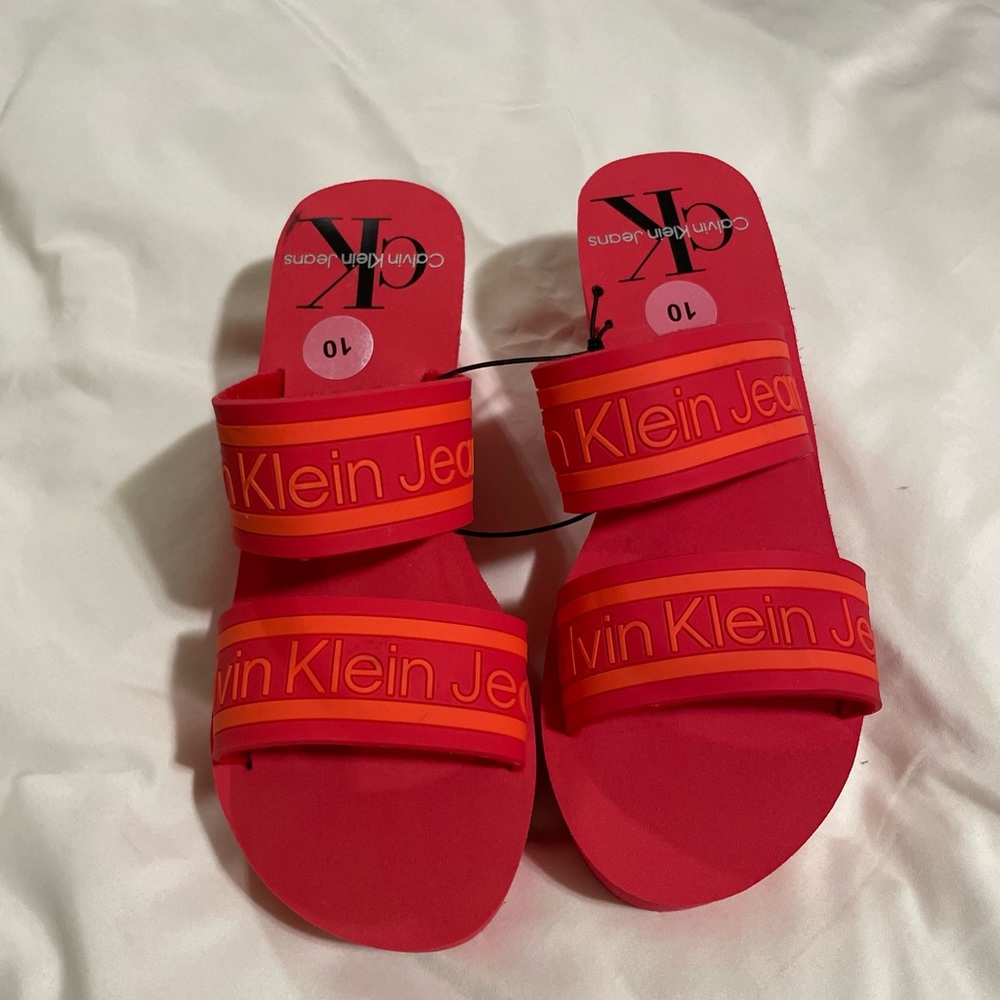 Calvin Klein Logo Strap Wedge Sandal Red and Orange - Picture 2 of 11